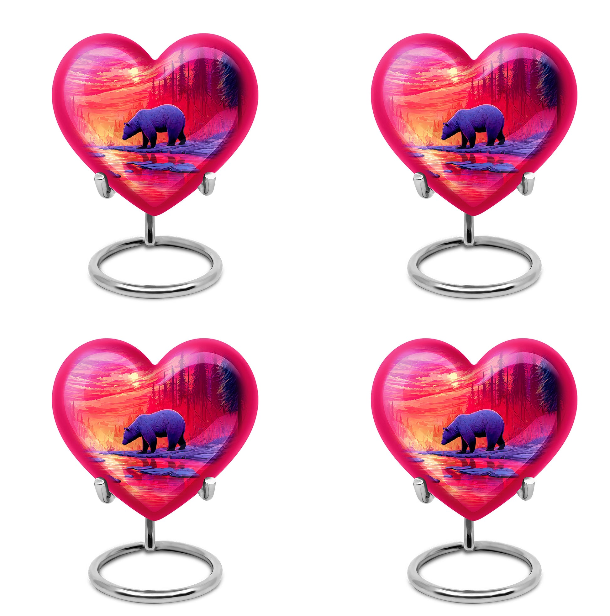 Vintage Pink Bear Cremation Urn angled view of lid and engraved motif - compassionate heart-bear combination with gentle curves - 10 inch aluminum urn for cremated remains