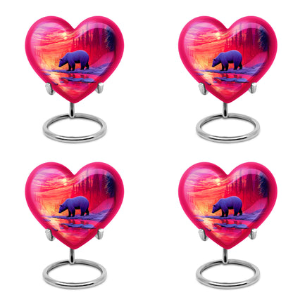 Vintage Pink Bear Cremation Urn angled view of lid and engraved motif - compassionate heart-bear combination with gentle curves - 10 inch aluminum urn for cremated remains