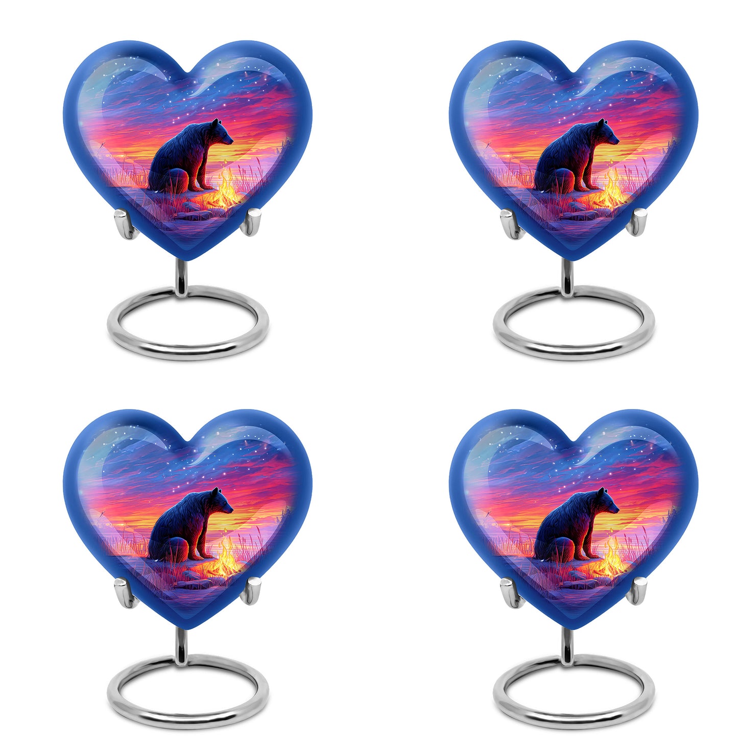 Sky Blue Bear Cremation Urn angled view of lid and engraved motif - heart-shaped bear design symbolizing eternal love - 10 inch aluminum urn for cremated remains