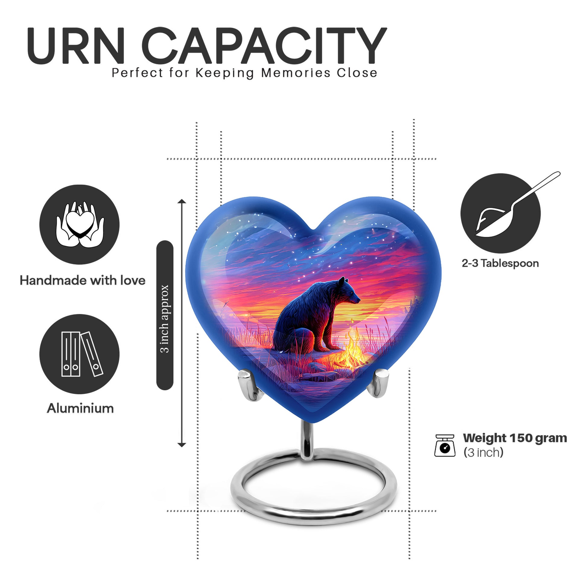 Soft Blue Bear Cremation Urn front view showing detailed design - romantic heart urn with bear motif on aluminum - mini keepsake memorial for portion of cremation ashes