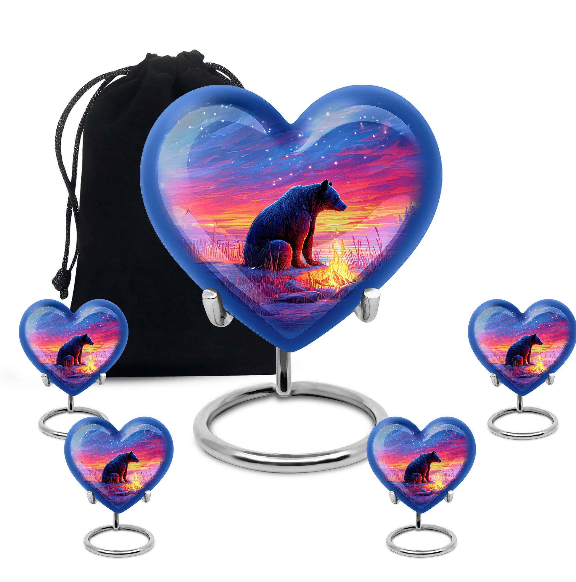 Azure Bear Cremation Urn close-up of engraving and surface detail - loving heart memorial featuring bear pattern - memorial set with one large and four small urns
