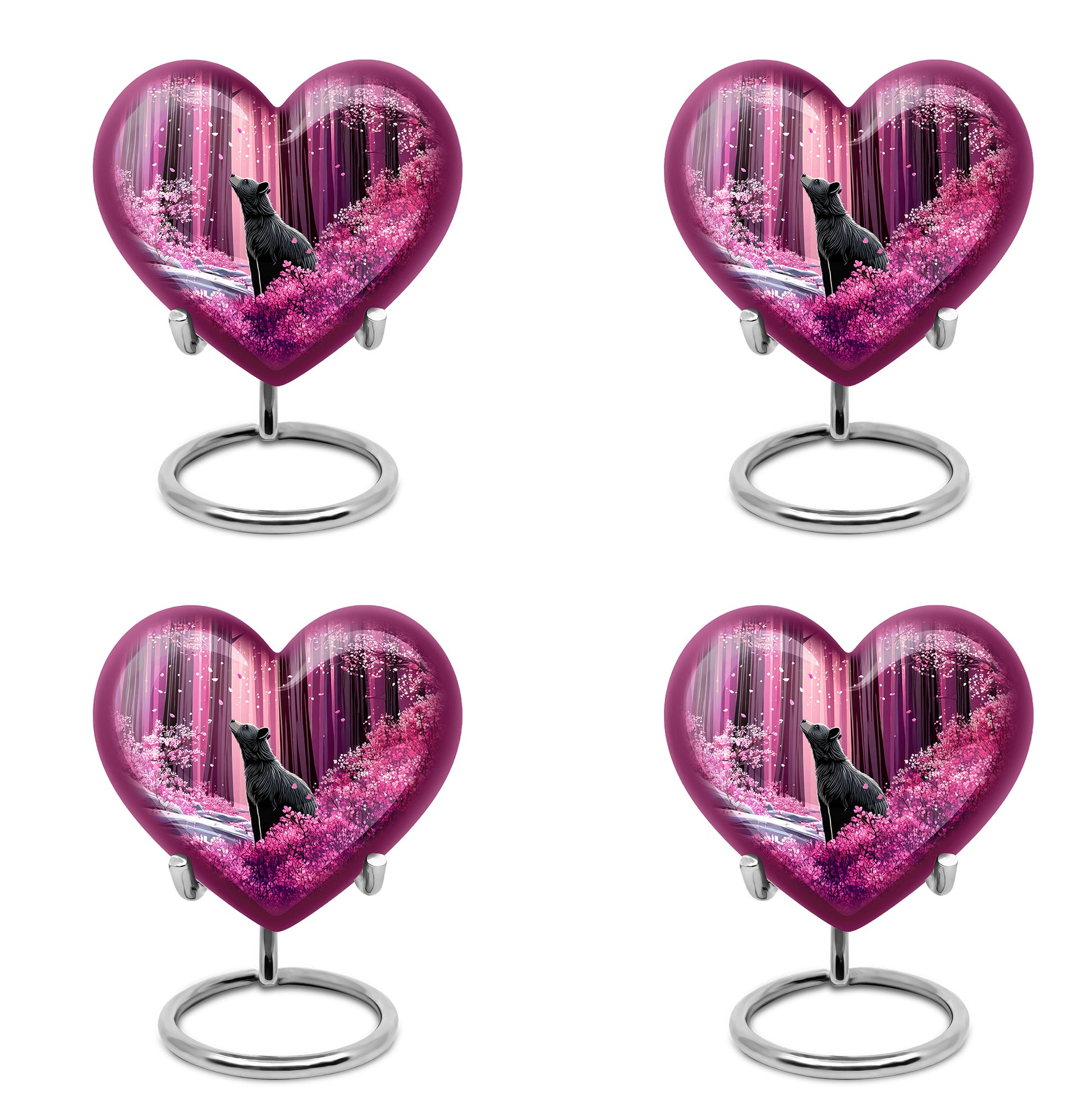 Blush Pink Bear Cremation Urn angled view of lid and engraved motif - loving heart memorial featuring bear pattern - 10 inch aluminum urn for cremated remains