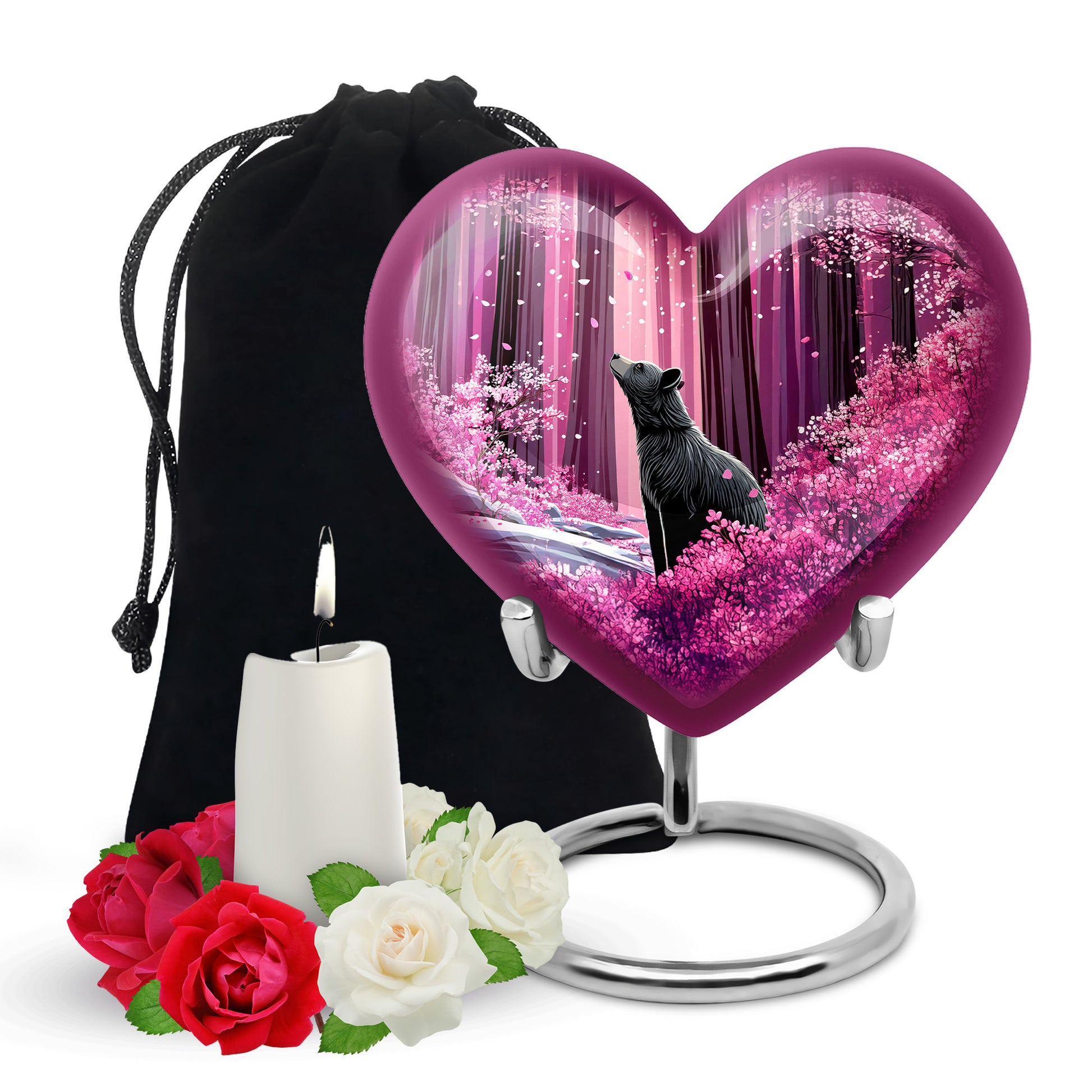 Petal Pink Bear Cremation Urn detail view - romantic heart urn with bear motif on aluminum - full-size 10 inch 200 cubic inch adult cremation urn