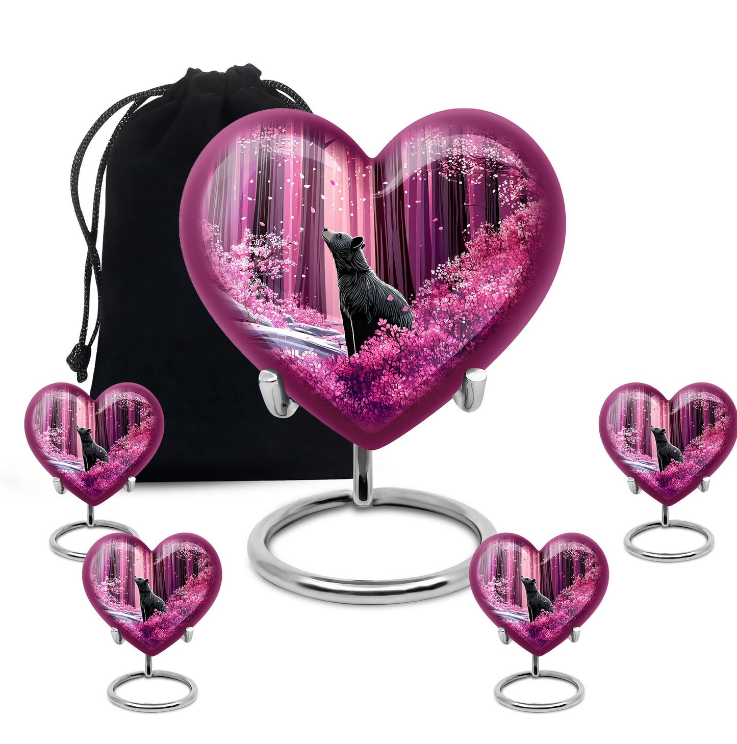Petal Pink Bear Cremation Urn close-up of engraving and surface detail - romantic heart urn with bear motif on aluminum - memorial set with one large and four small urns