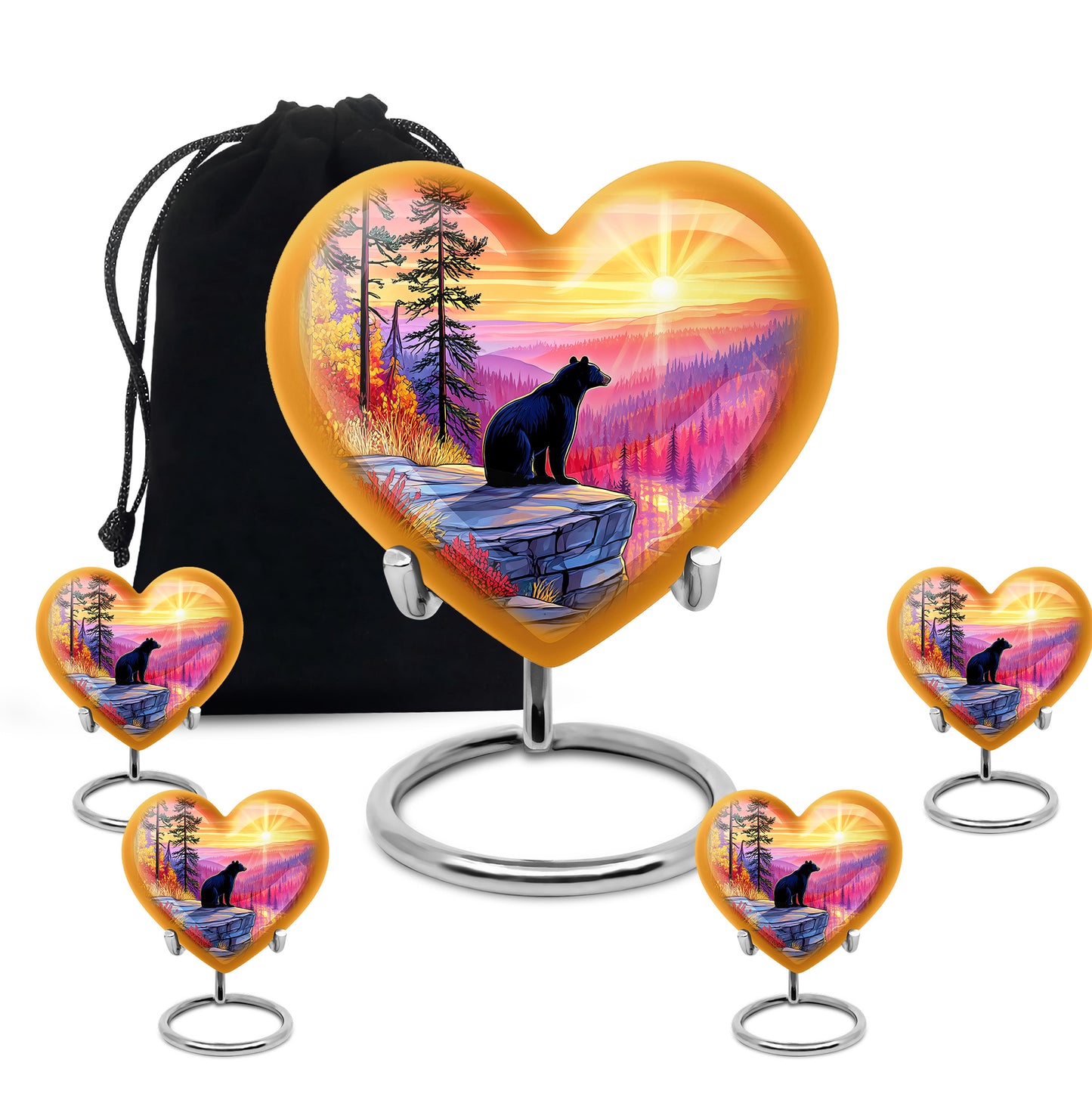 Garnet Red Bear Cremation Urn close-up of engraving and surface detail - loving heart memorial featuring bear pattern - memorial set with one large and four small urns