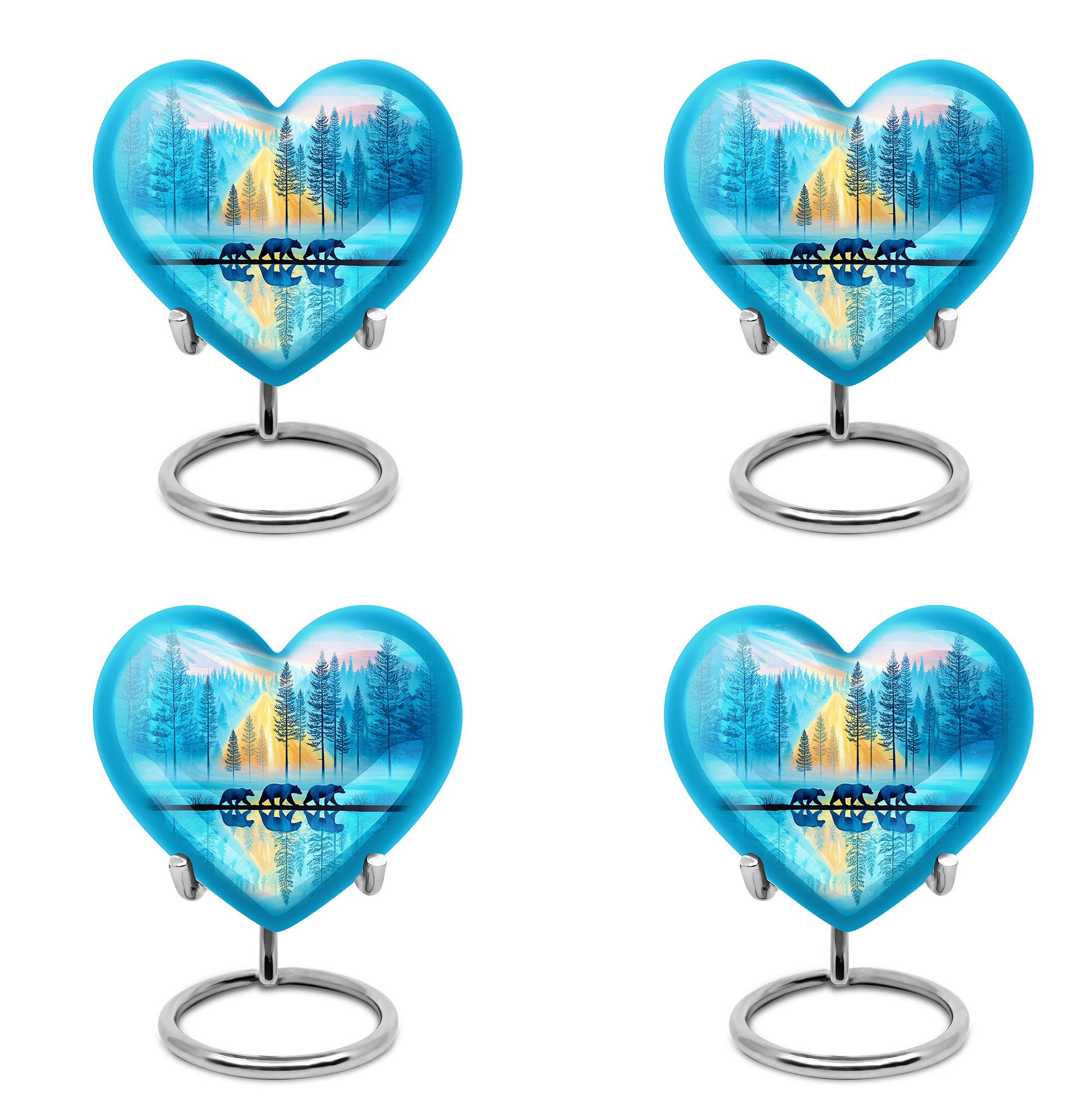 Vivid Teal Bear Cremation Urn angled view of lid and engraved motif - compassionate heart-bear combination with gentle curves - 10 inch aluminum urn for cremated remains