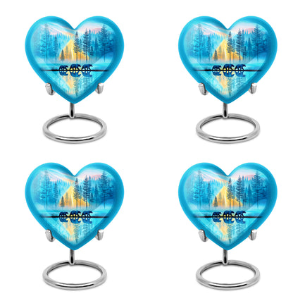 Vivid Teal Bear Cremation Urn angled view of lid and engraved motif - compassionate heart-bear combination with gentle curves - 10 inch aluminum urn for cremated remains