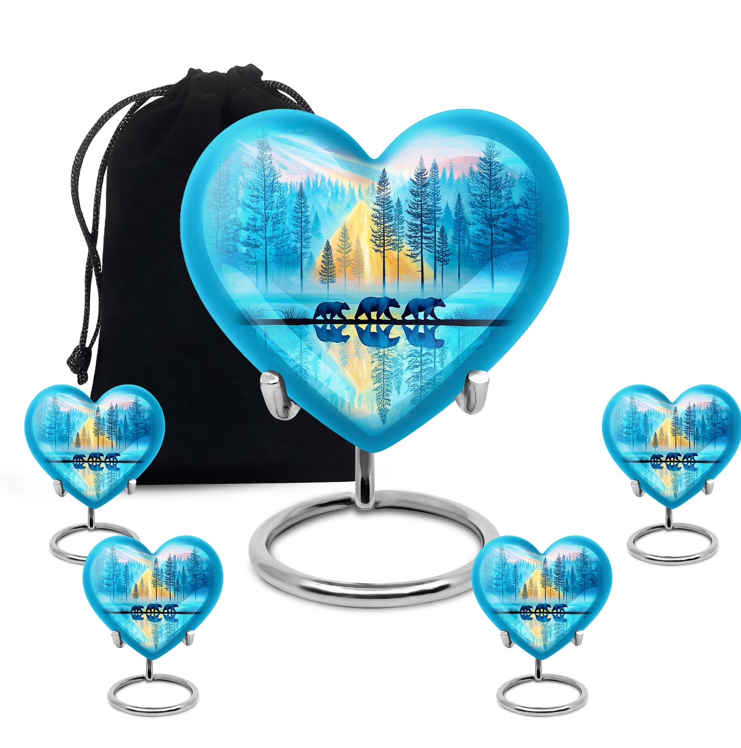 Cool Teal Bear Cremation Urn close-up of engraving and surface detail - heart-shaped bear design symbolizing eternal love - memorial set with one large and four small urns