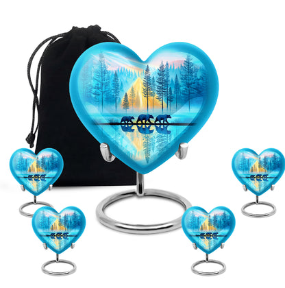 Cool Teal Bear Cremation Urn close-up of engraving and surface detail - heart-shaped bear design symbolizing eternal love - memorial set with one large and four small urns