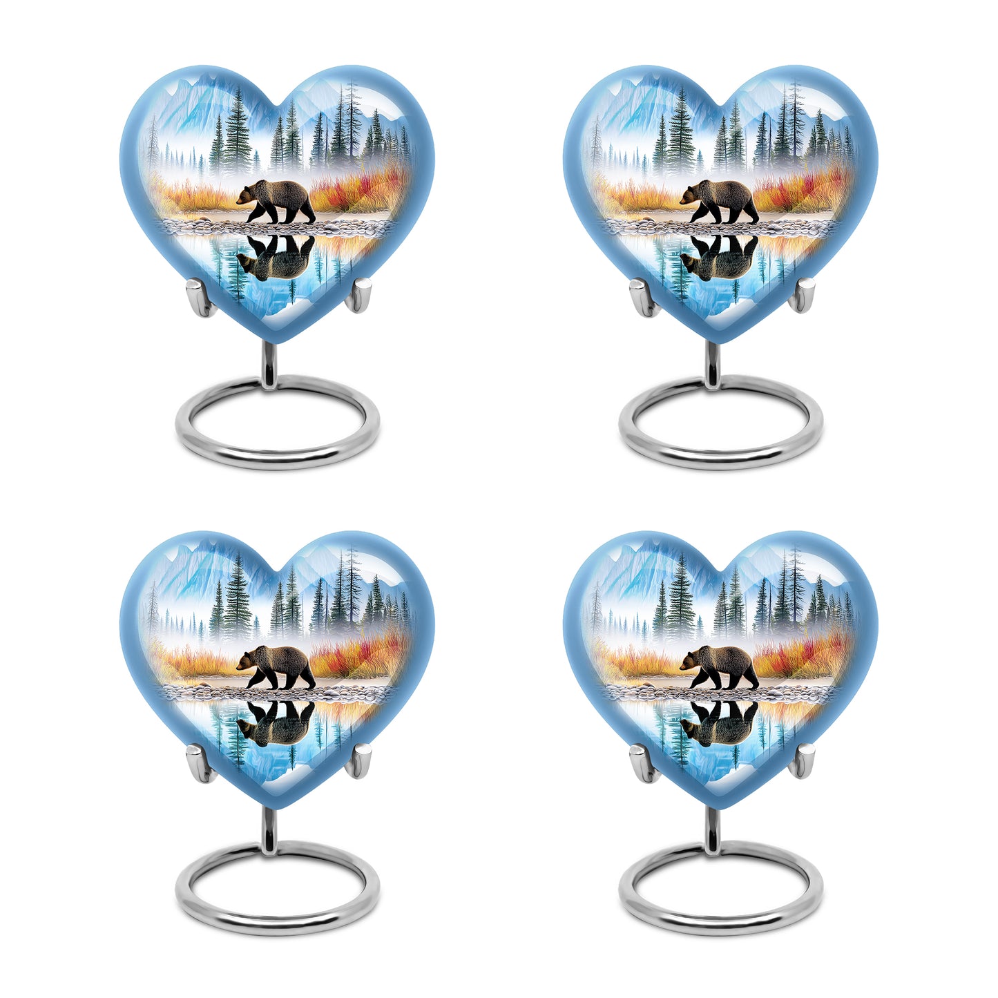 Bright Blue Bear Cremation Urn angled view of lid and engraved motif - romantic heart urn with bear motif on aluminum - 10 inch aluminum urn for cremated remains