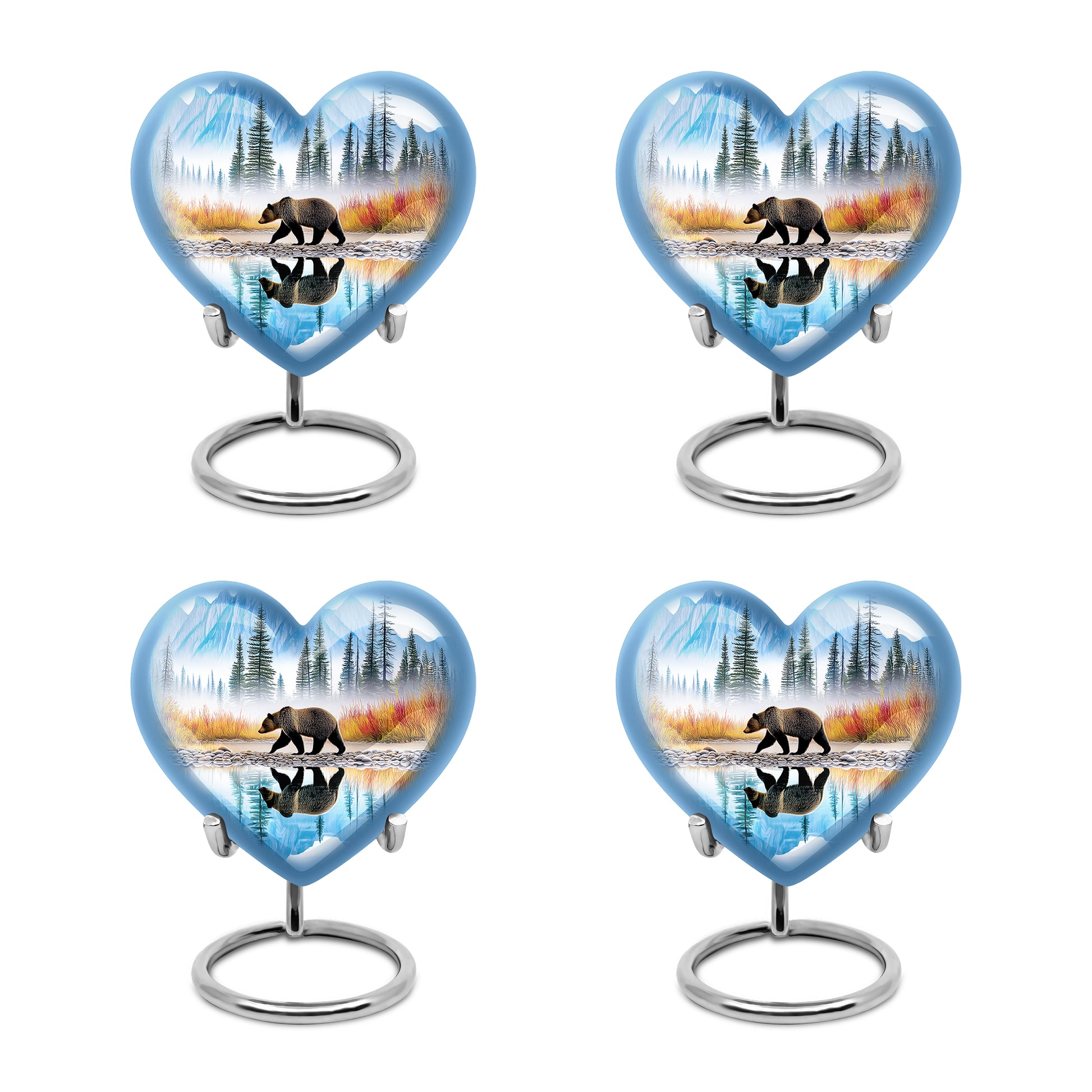 Bright Blue Bear Cremation Urn angled view of lid and engraved motif - romantic heart urn with bear motif on aluminum - 10 inch aluminum urn for cremated remains