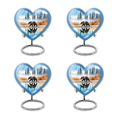 Bright Blue Bear Cremation Urn angled view of lid and engraved motif - romantic heart urn with bear motif on aluminum - 10 inch aluminum urn for cremated remains