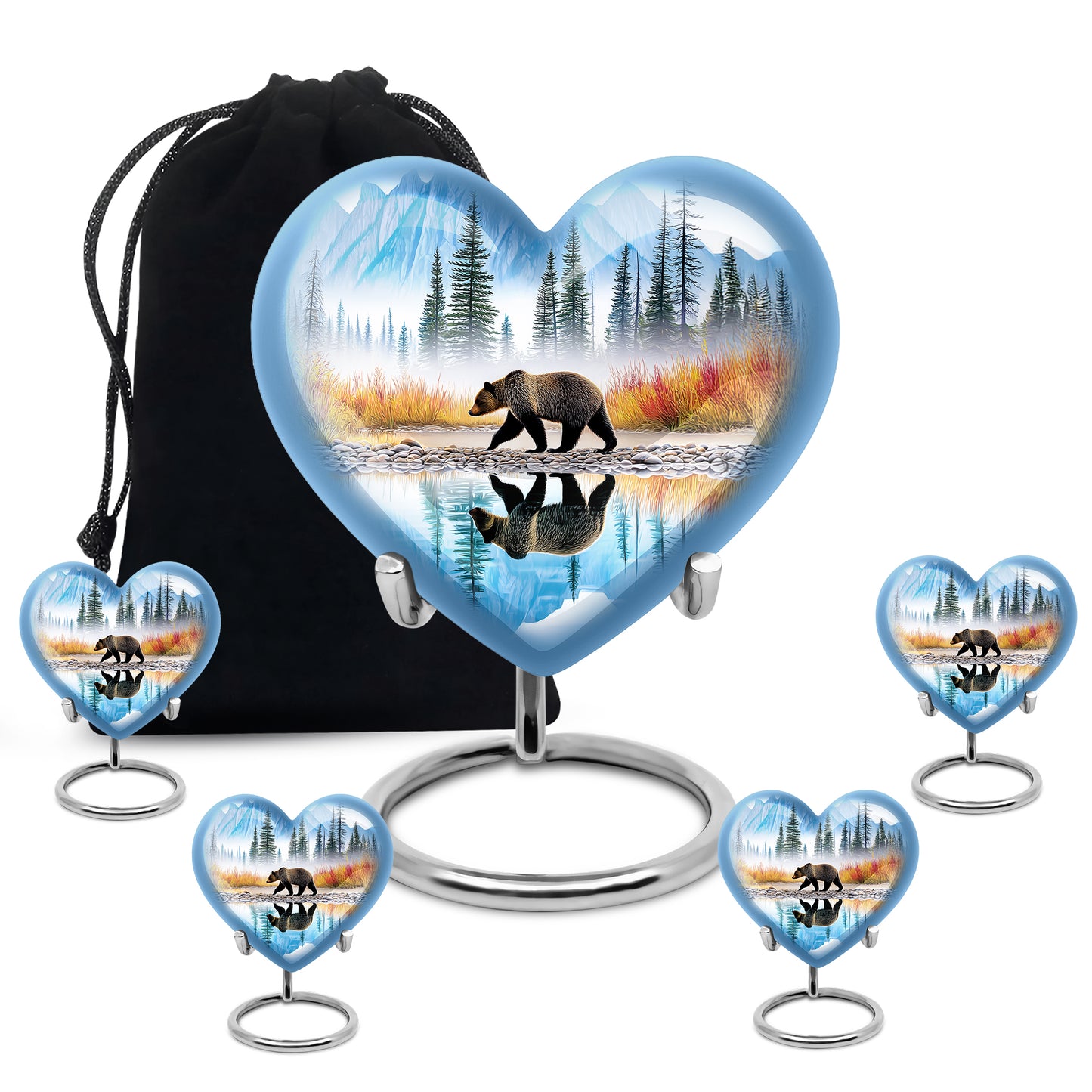 Vivid Blue Bear Cremation Urn close-up of engraving and surface detail - compassionate heart-bear combination with gentle curves - memorial set with one large and four small urns
