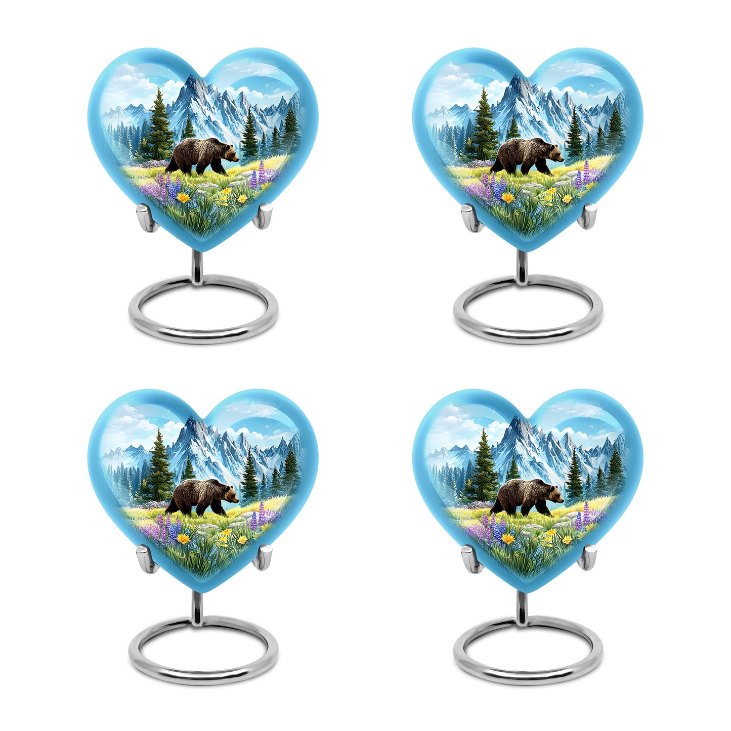 Misty Blue Bear Cremation Urn angled view of lid and engraved motif - heart-shaped bear design symbolizing eternal love - 10 inch aluminum urn for cremated remains