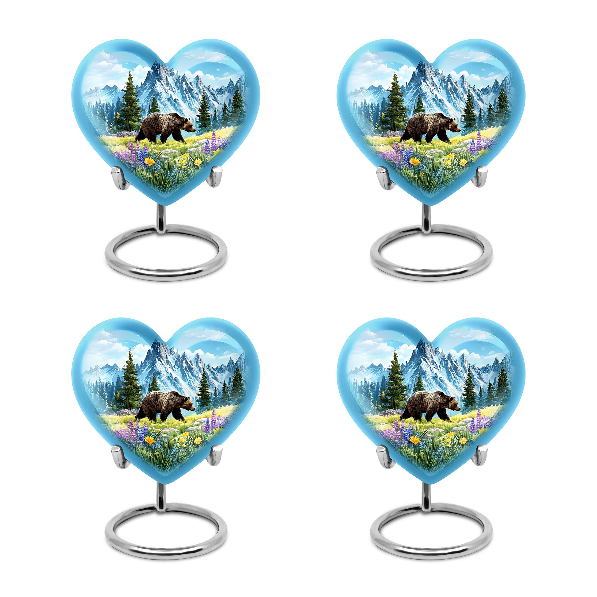 Misty Blue Bear Cremation Urn angled view of lid and engraved motif - heart-shaped bear design symbolizing eternal love - 10 inch aluminum urn for cremated remains
