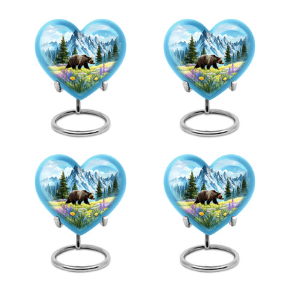 Misty Blue Bear Cremation Urn angled view of lid and engraved motif - heart-shaped bear design symbolizing eternal love - 10 inch aluminum urn for cremated remains