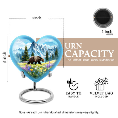 Sky Blue Bear Cremation Urn front view showing detailed design - heart-shaped bear design symbolizing eternal love - mini keepsake memorial for portion of cremation ashes