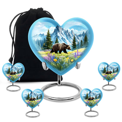 Calming Blue Bear Cremation Urn close-up of engraving and surface detail - romantic heart urn with bear motif on aluminum - memorial set with one large and four small urns