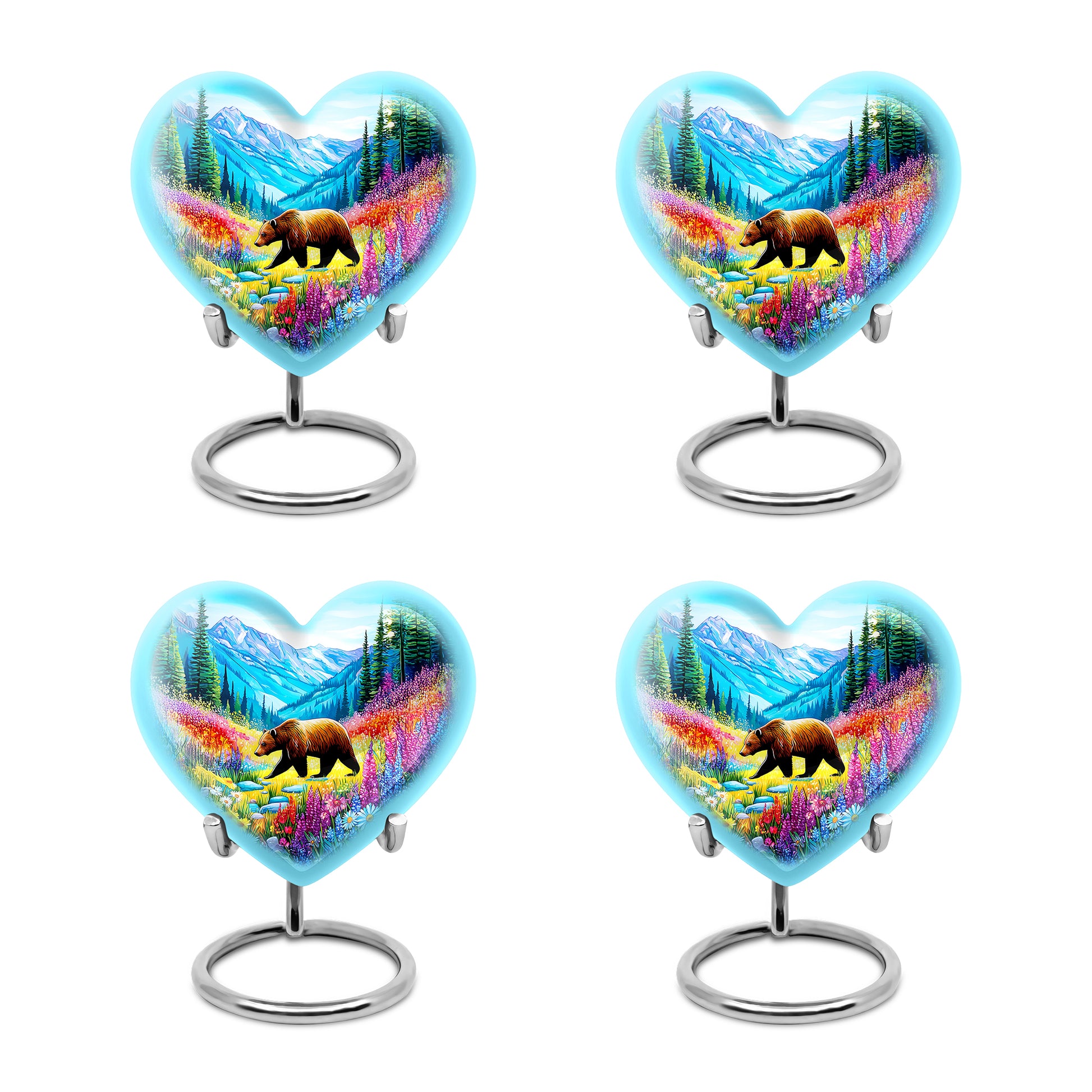 Sea Green Teal Bear Cremation Urn angled view of lid and engraved motif - heart-shaped bear design symbolizing eternal love - 10 inch aluminum urn for cremated remains