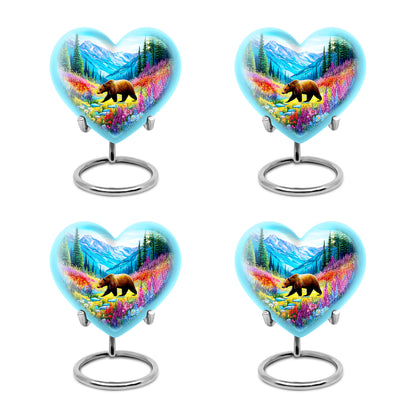 Sea Green Teal Bear Cremation Urn angled view of lid and engraved motif - heart-shaped bear design symbolizing eternal love - 10 inch aluminum urn for cremated remains