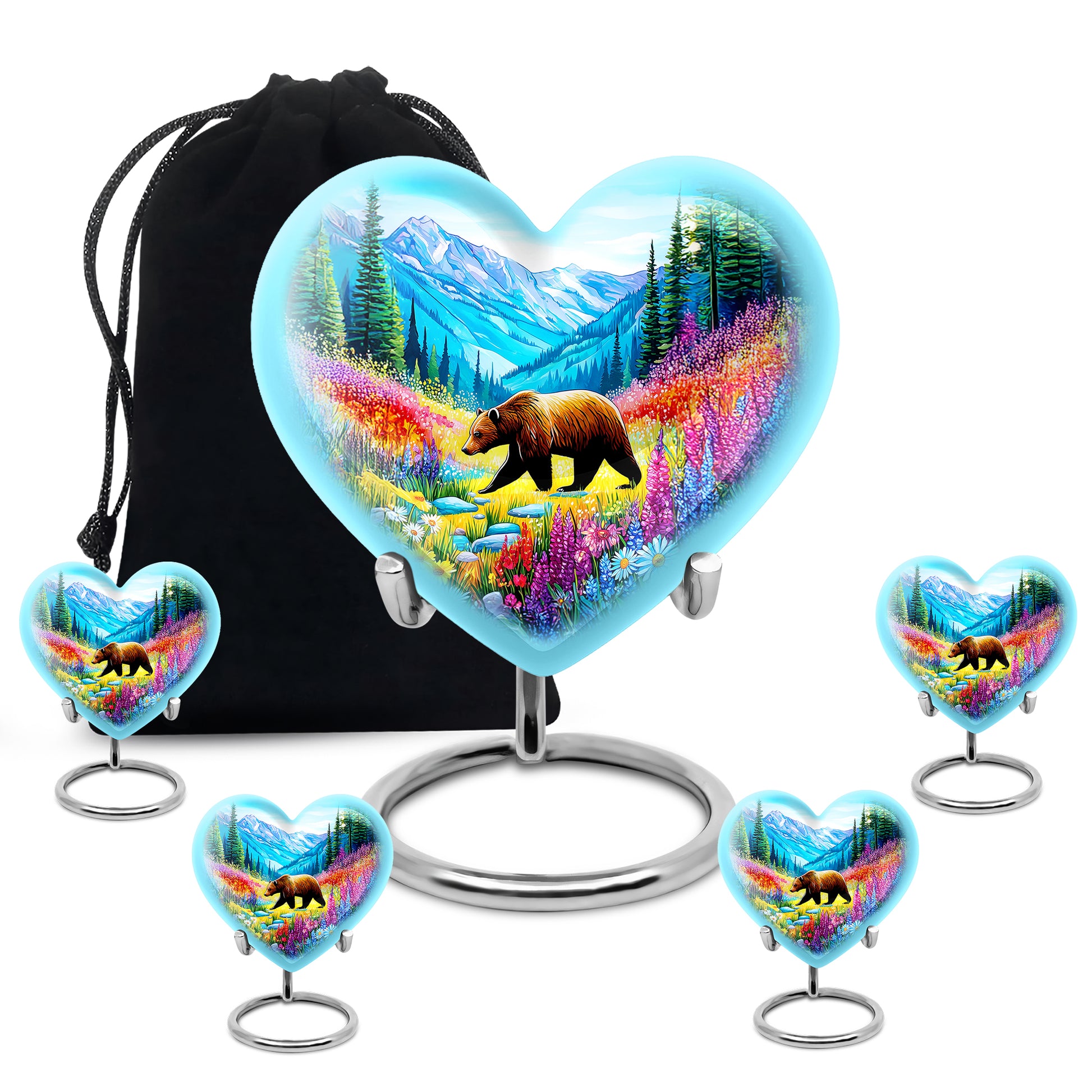 Deep Teal Bear Cremation Urn close-up of engraving and surface detail - romantic heart urn with bear motif on aluminum - memorial set with one large and four small urns