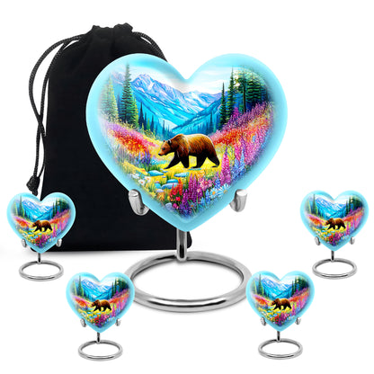 Deep Teal Bear Cremation Urn close-up of engraving and surface detail - romantic heart urn with bear motif on aluminum - memorial set with one large and four small urns