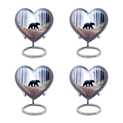 Pastel Blue Bear Cremation Urn angled view of lid and engraved motif - loving heart memorial featuring bear pattern - 10 inch aluminum urn for cremated remains