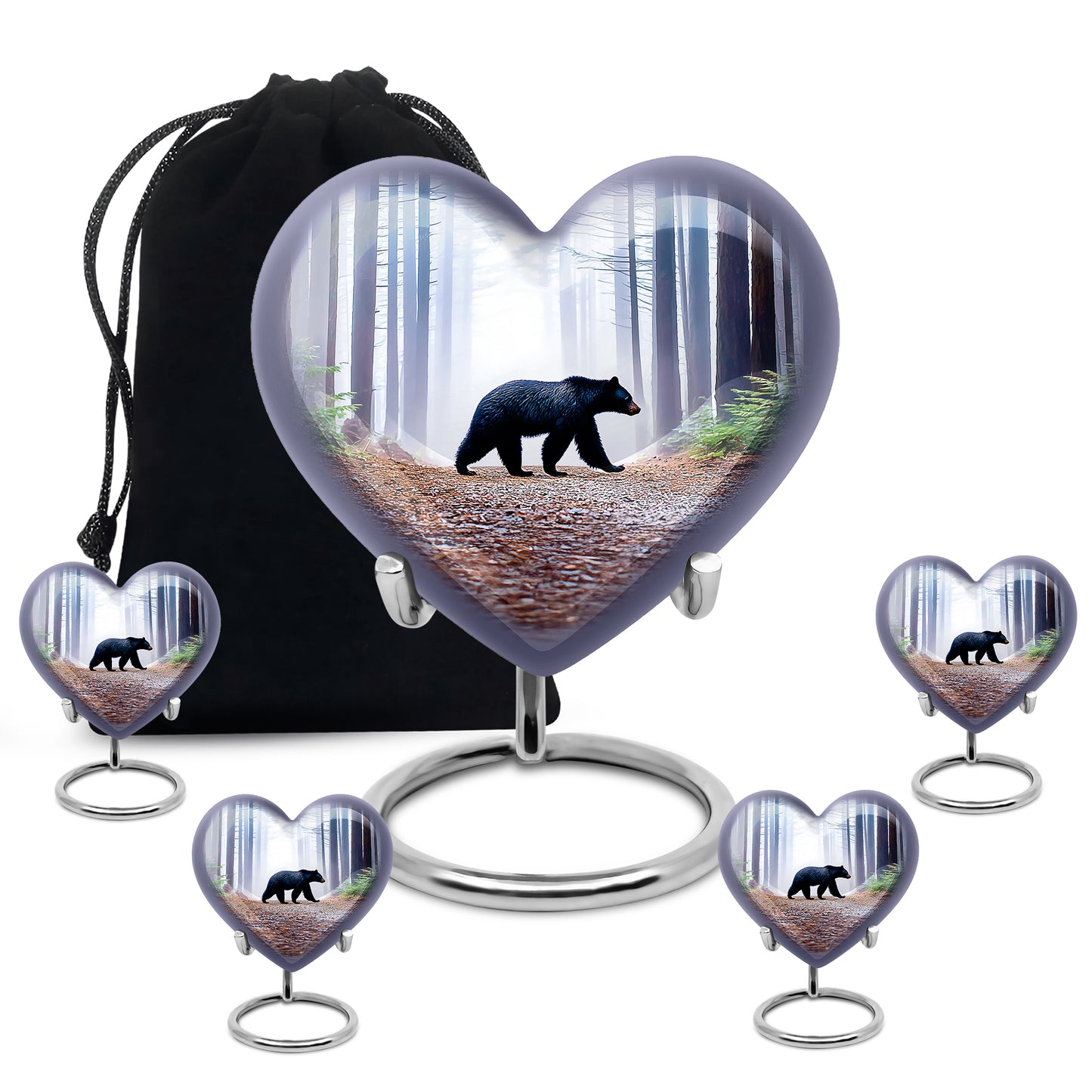 Calming Blue Bear Cremation Urn close-up of engraving and surface detail - romantic heart urn with bear motif on aluminum - memorial set with one large and four small urns