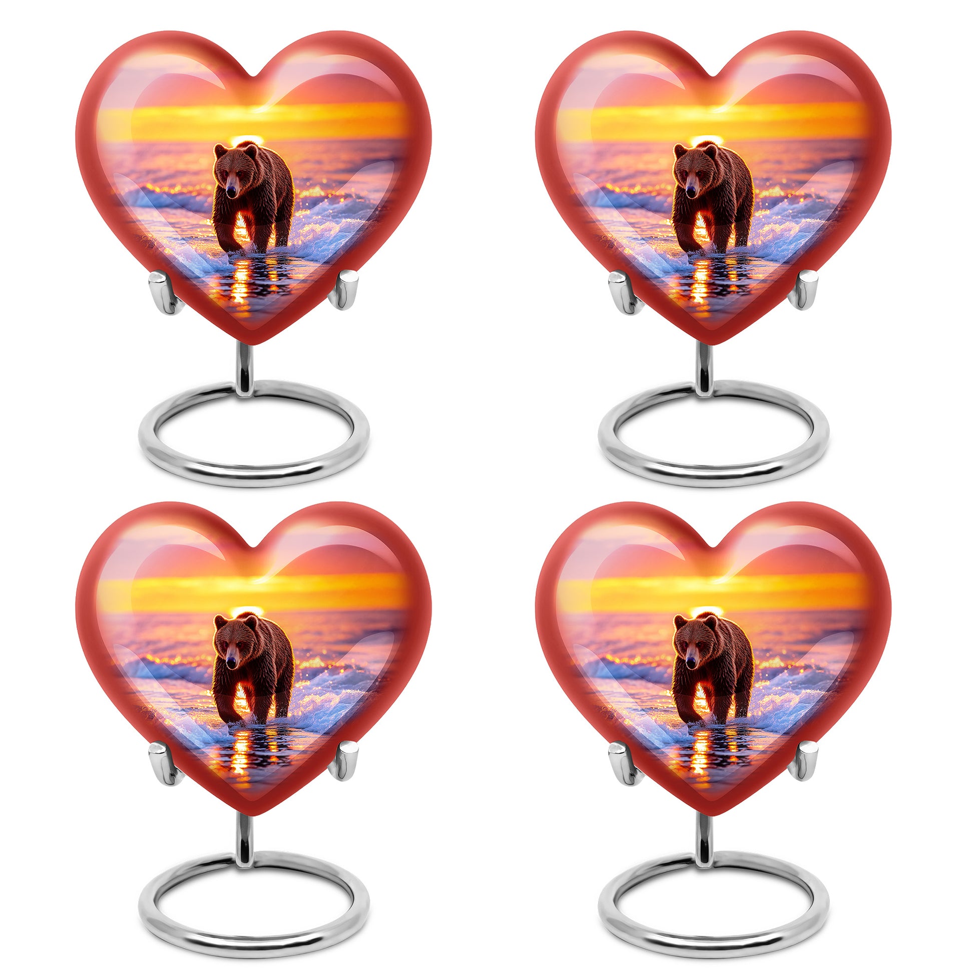 Cherry Red Bear Cremation Urn angled view of lid and engraved motif - compassionate heart-bear combination with gentle curves - 10 inch aluminum urn for cremated remains