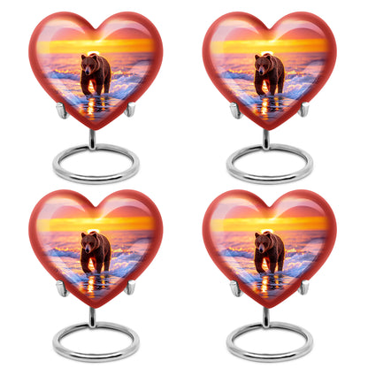 Cherry Red Bear Cremation Urn angled view of lid and engraved motif - compassionate heart-bear combination with gentle curves - 10 inch aluminum urn for cremated remains