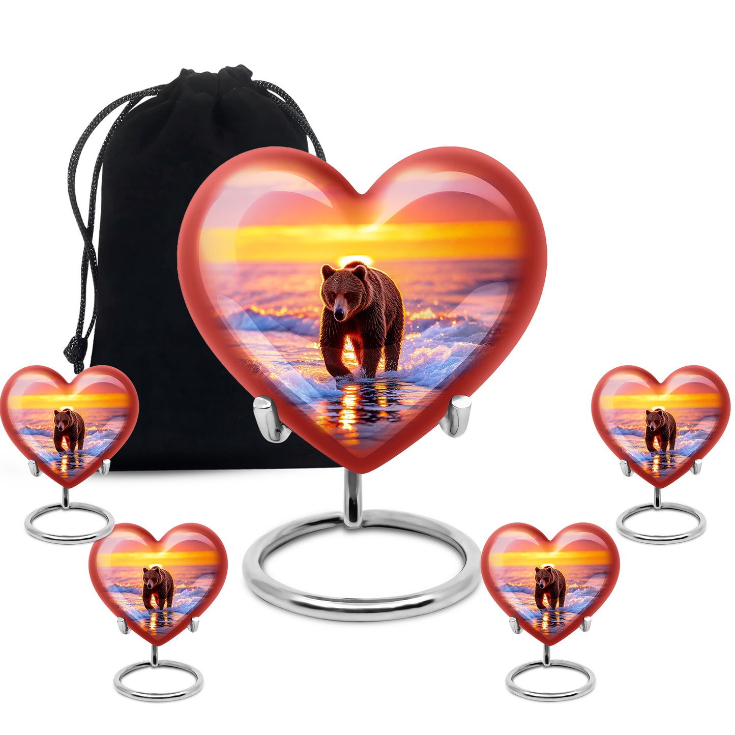 Burgundy Red Bear Cremation Urn close-up of engraving and surface detail - heart-shaped bear design symbolizing eternal love - memorial set with one large and four small urns
