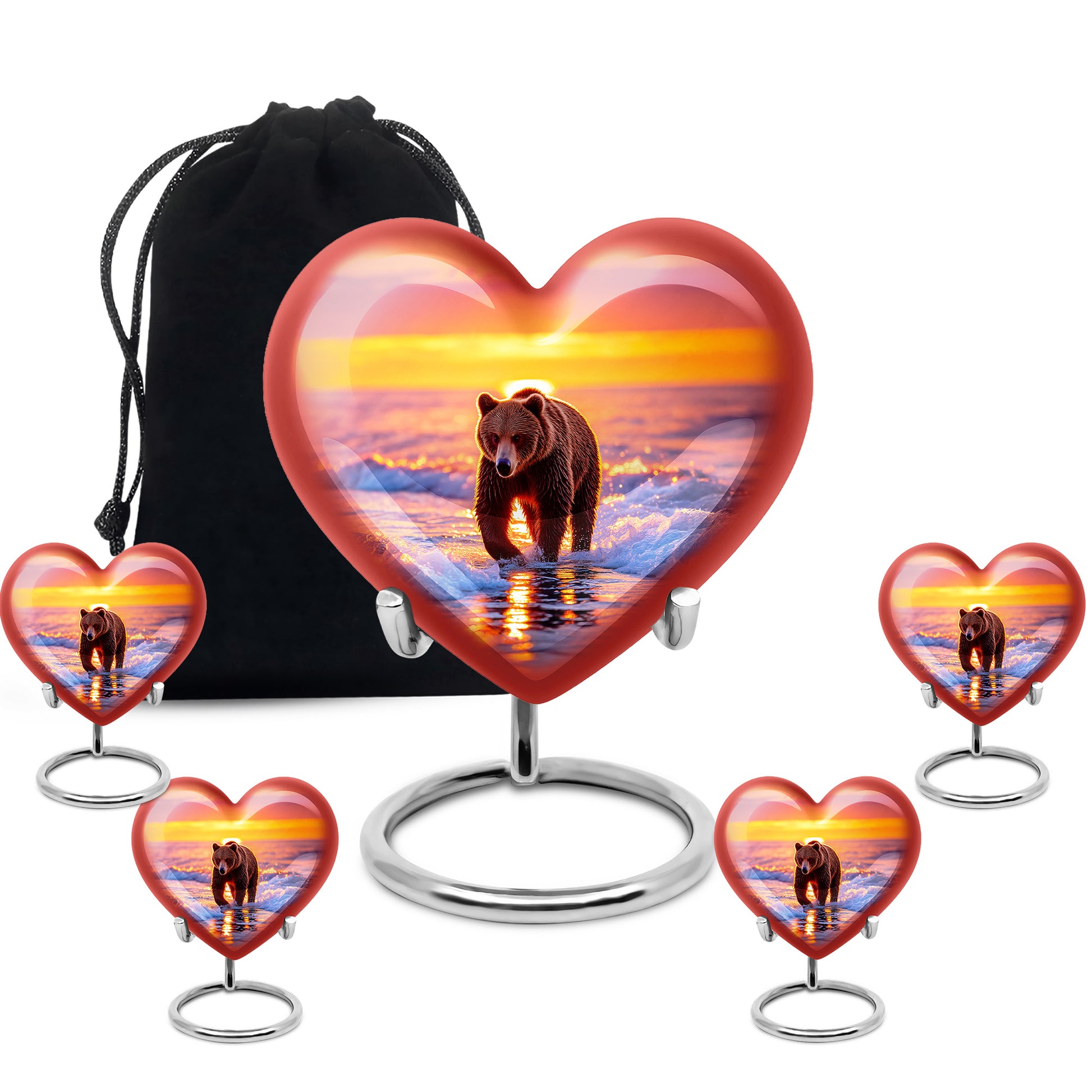 Burgundy Red Bear Cremation Urn close-up of engraving and surface detail - heart-shaped bear design symbolizing eternal love - memorial set with one large and four small urns