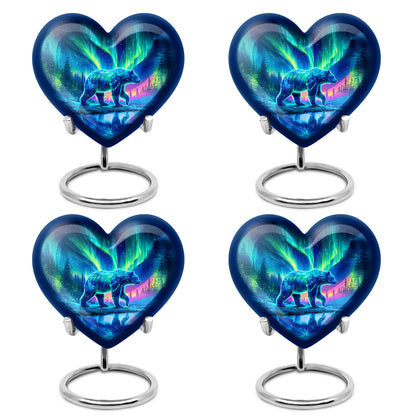 Pastel Blue Bear Cremation Urn angled view of lid and engraved motif - loving heart memorial featuring bear pattern - 10 inch aluminum urn for cremated remains