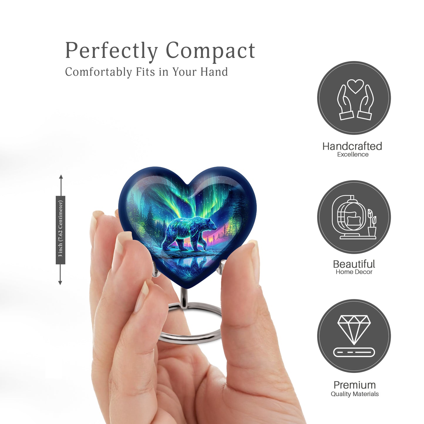 Vivid Blue Bear Cremation Urn front view showing detailed design - romantic heart urn with bear motif on aluminum - mini keepsake memorial for portion of cremation ashes
