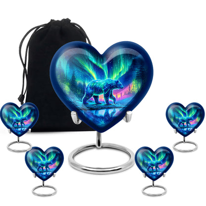 Vivid Blue Bear Cremation Urn close-up of engraving and surface detail - romantic heart urn with bear motif on aluminum - memorial set with one large and four small urns