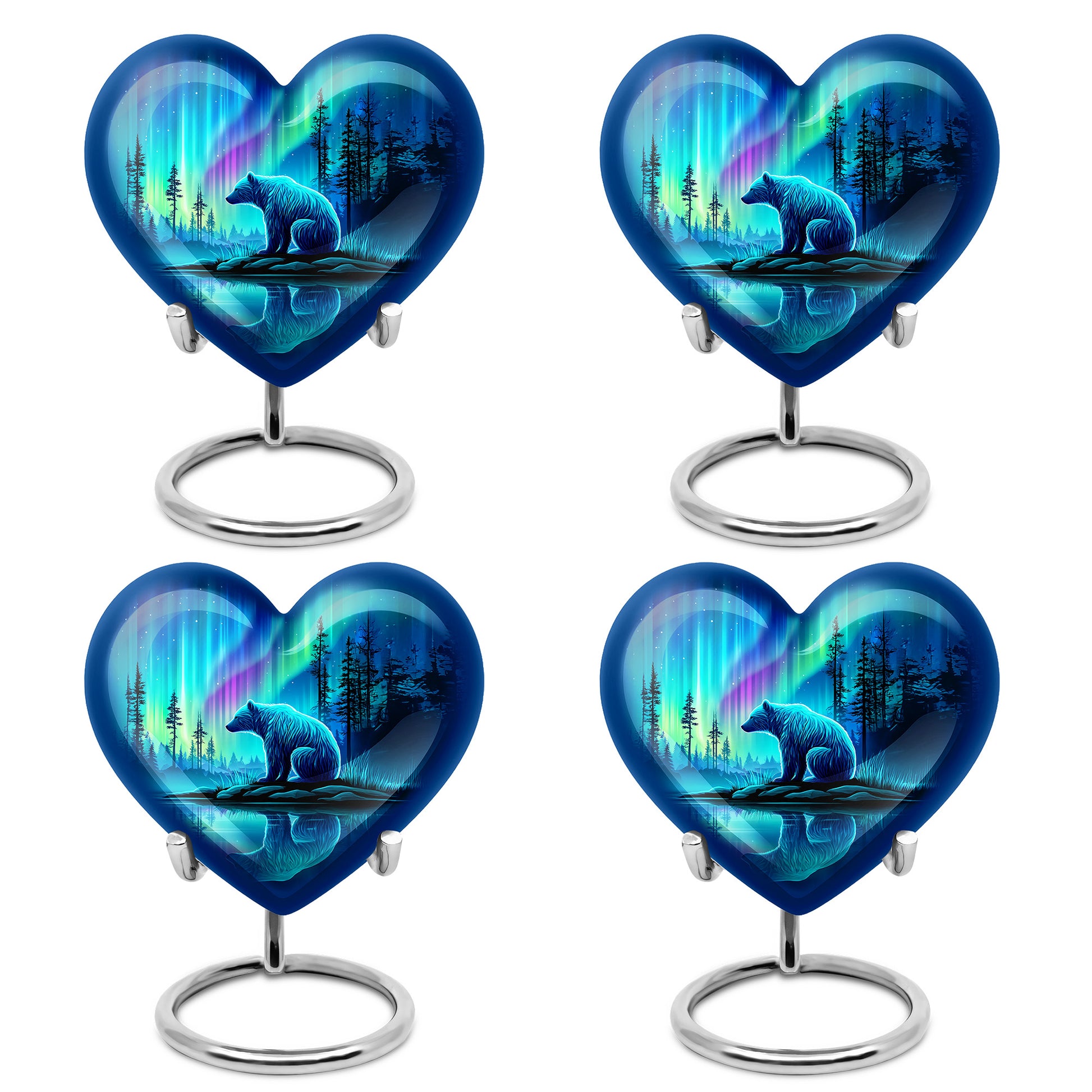 Cornflower Blue Bear Cremation Urn angled view of lid and engraved motif - romantic heart urn with bear motif on aluminum - 10 inch aluminum urn for cremated remains