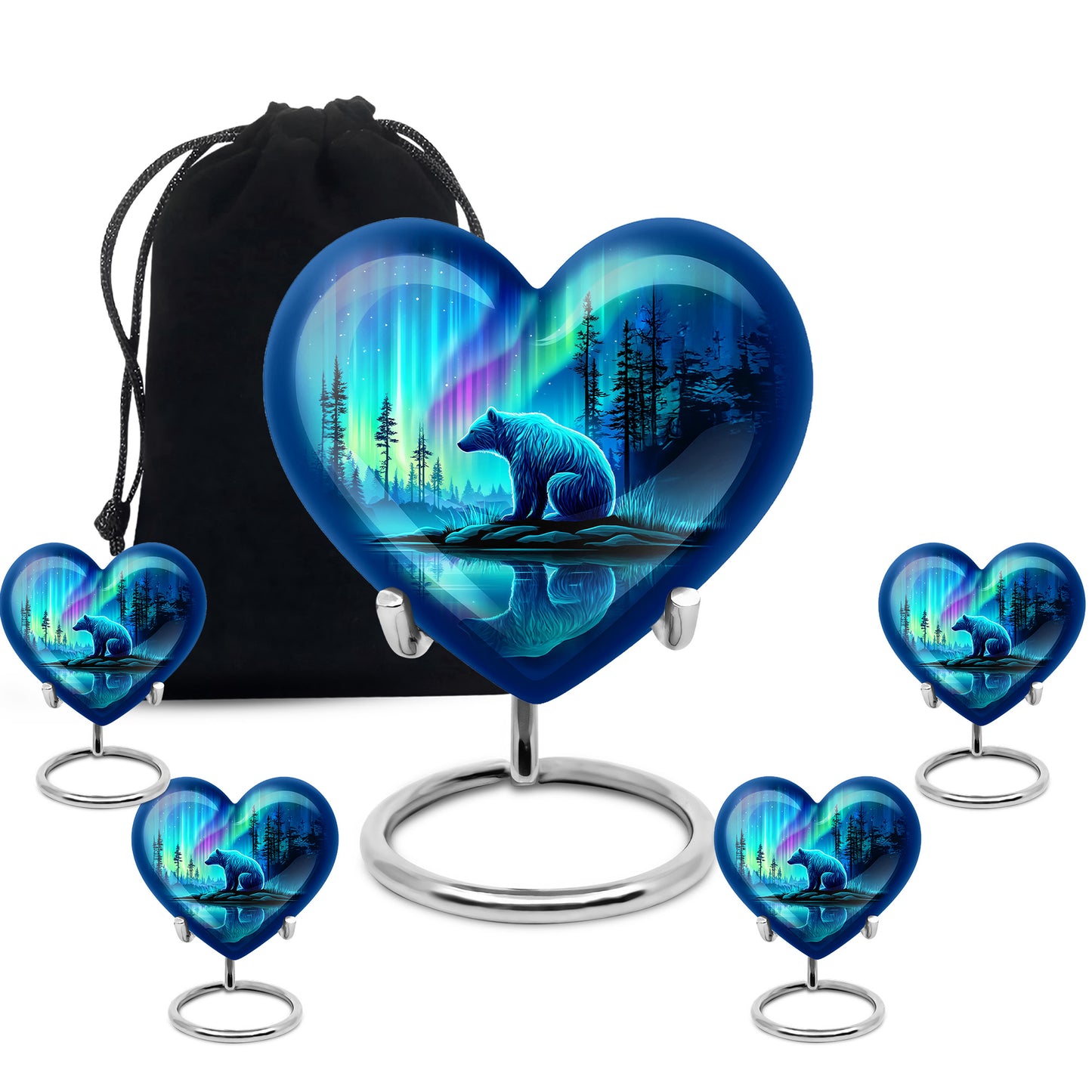 Sapphire Blue Bear Cremation Urn close-up of engraving and surface detail - romantic heart urn with bear motif on aluminum - memorial set with one large and four small urns