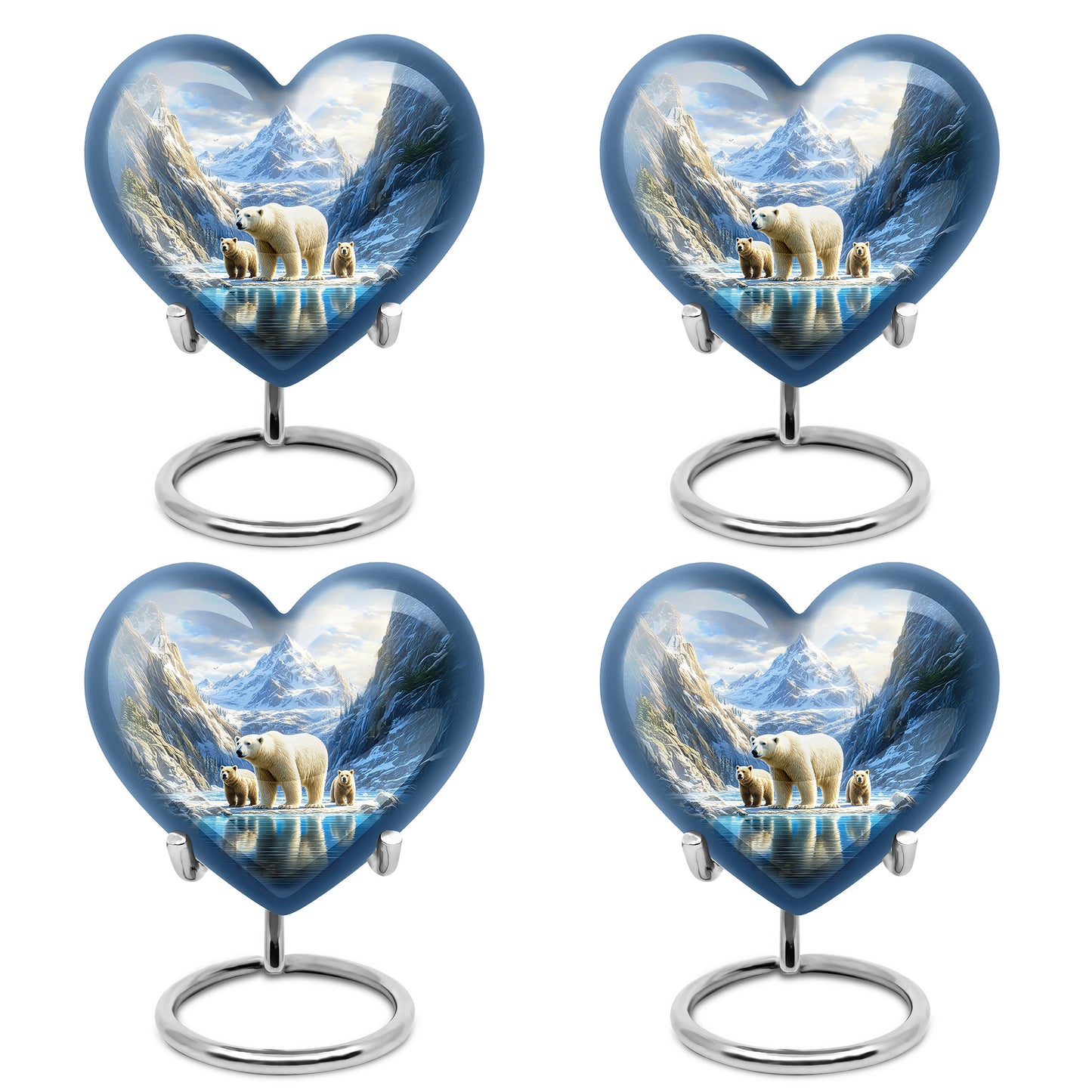 Steel Blue Bear Cremation Urn angled view of lid and engraved motif - compassionate heart-bear combination with gentle curves - 10 inch aluminum urn for cremated remains
