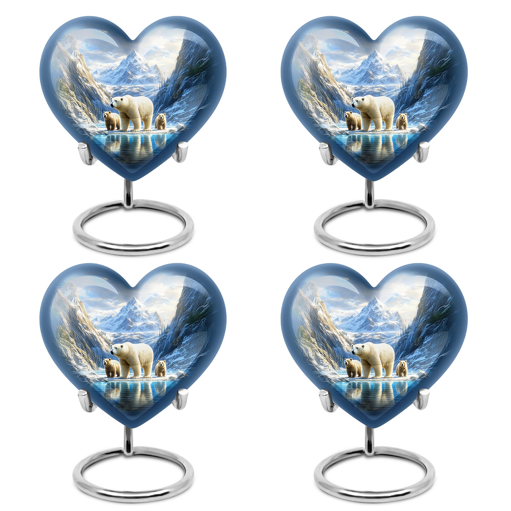 Steel Blue Bear Cremation Urn angled view of lid and engraved motif - compassionate heart-bear combination with gentle curves - 10 inch aluminum urn for cremated remains