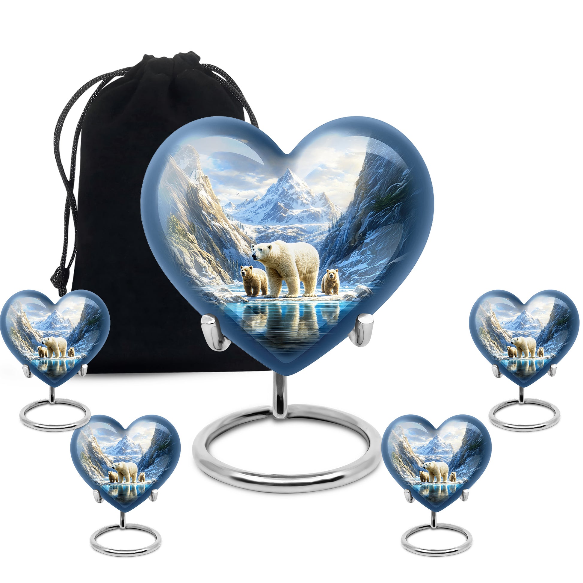 Royal Blue Bear Cremation Urn close-up of engraving and surface detail - romantic heart urn with bear motif on aluminum - memorial set with one large and four small urns