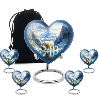 Royal Blue Bear Cremation Urn close-up of engraving and surface detail - romantic heart urn with bear motif on aluminum - memorial set with one large and four small urns