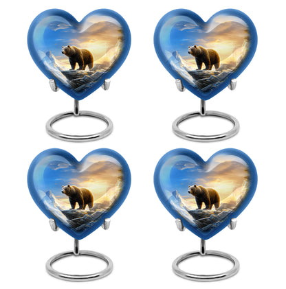 Indigo Bear Cremation Urn angled view of lid and engraved motif - heart-shaped bear design symbolizing eternal love - 10 inch aluminum urn for cremated remains