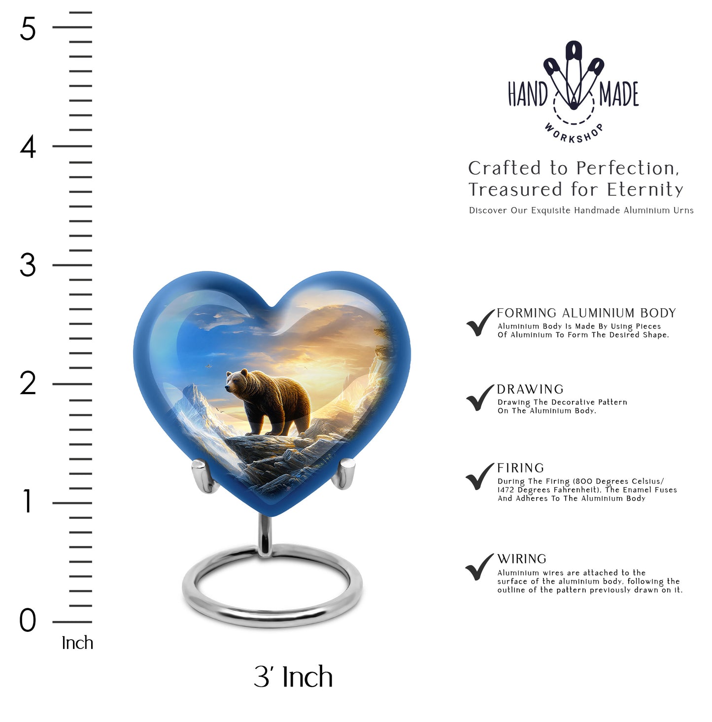 Azure Bear Cremation Urn front view showing detailed design - heart-shaped bear design symbolizing eternal love - mini keepsake memorial for portion of cremation ashes