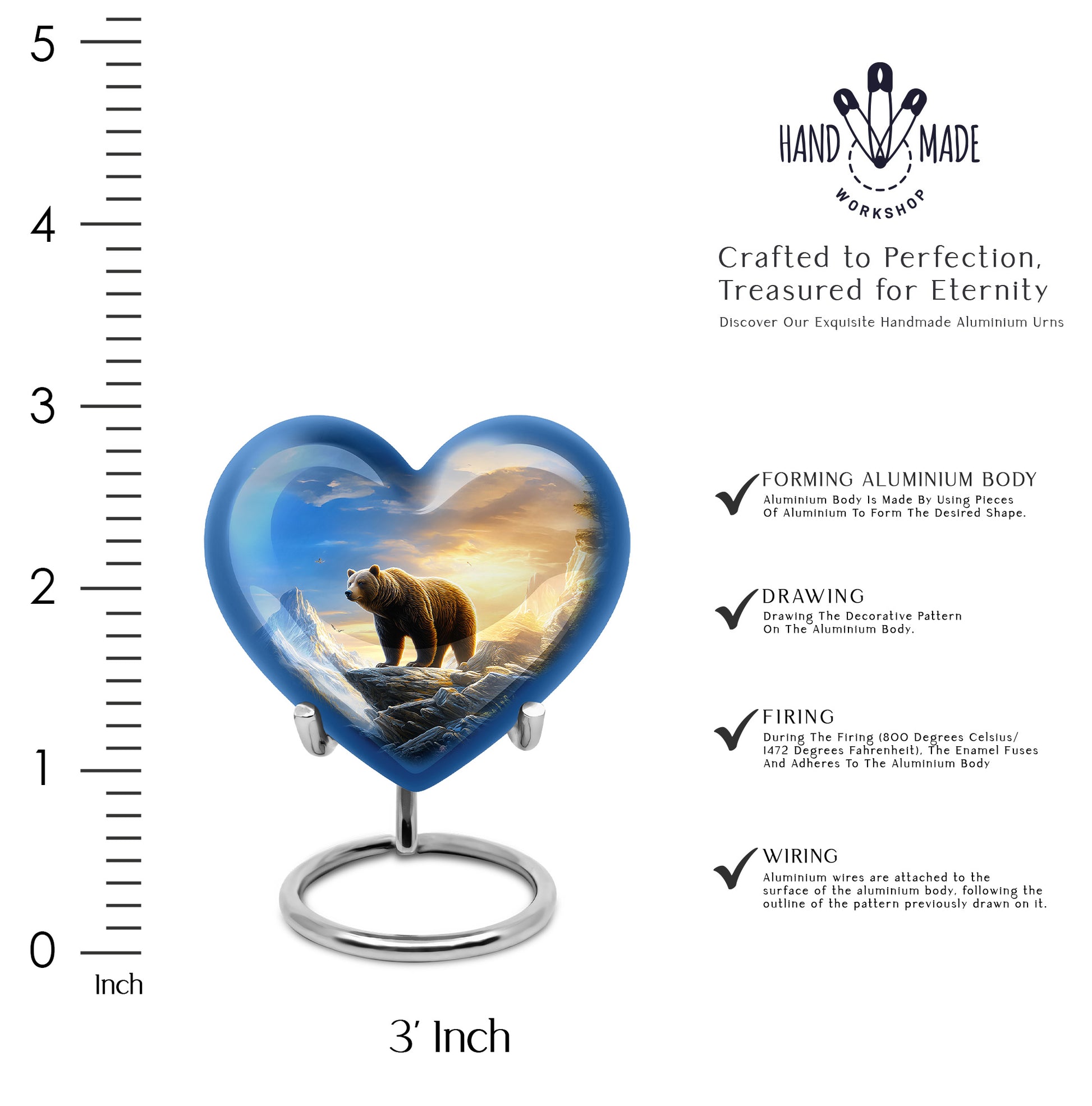 Azure Bear Cremation Urn front view showing detailed design - heart-shaped bear design symbolizing eternal love - mini keepsake memorial for portion of cremation ashes