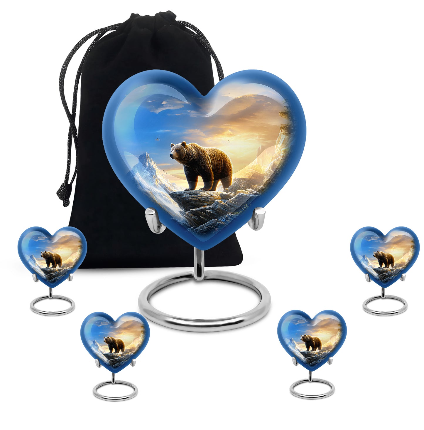 Steel Blue Bear Cremation Urn close-up of engraving and surface detail - romantic heart urn with bear motif on aluminum - memorial set with one large and four small urns