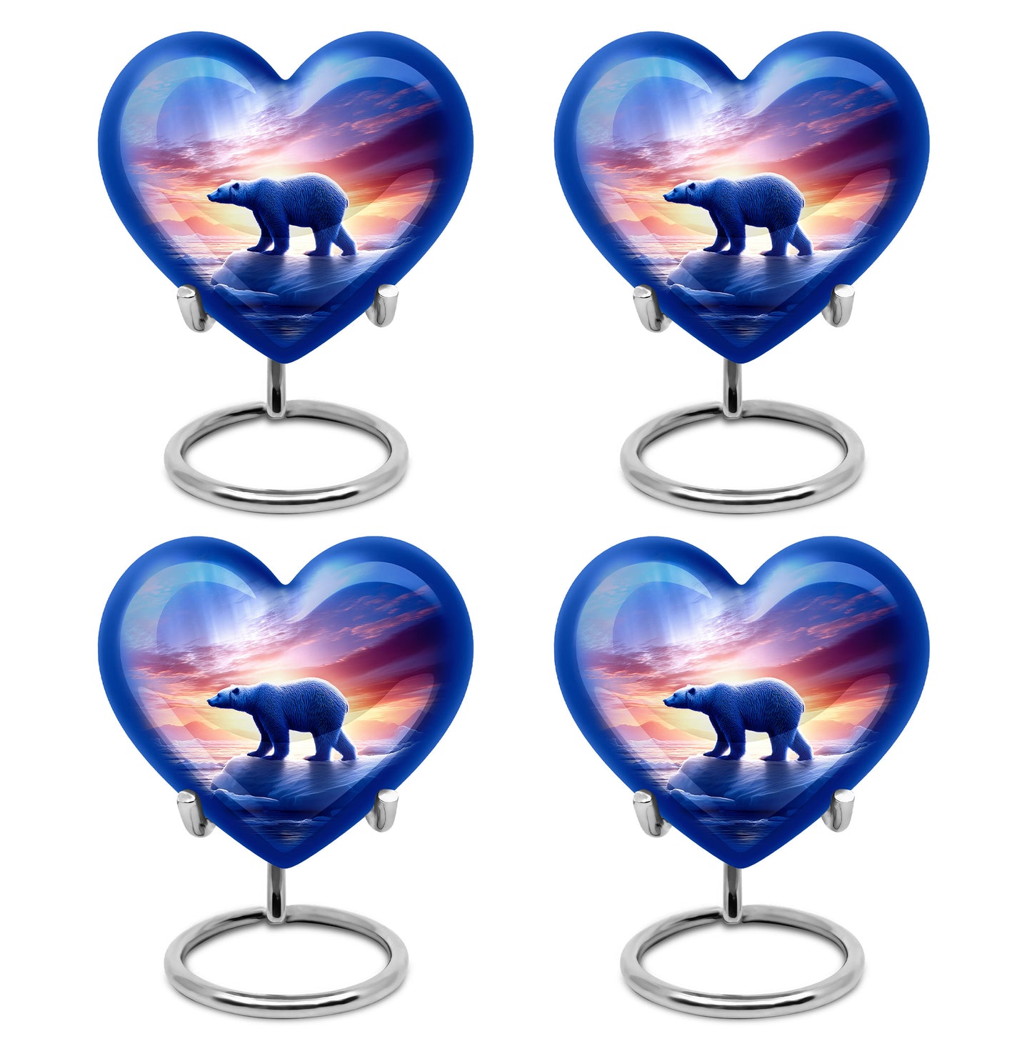 Sapphire Blue Bear Cremation Urn angled view of lid and engraved motif - romantic heart urn with bear motif on aluminum - 10 inch aluminum urn for cremated remains