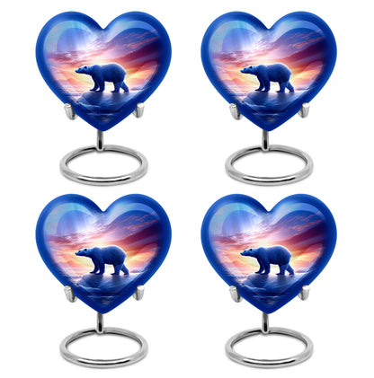 Sapphire Blue Bear Cremation Urn angled view of lid and engraved motif - romantic heart urn with bear motif on aluminum - 10 inch aluminum urn for cremated remains