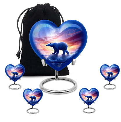 Powder Blue Bear Cremation Urn close-up of engraving and surface detail - heart-shaped bear design symbolizing eternal love - memorial set with one large and four small urns