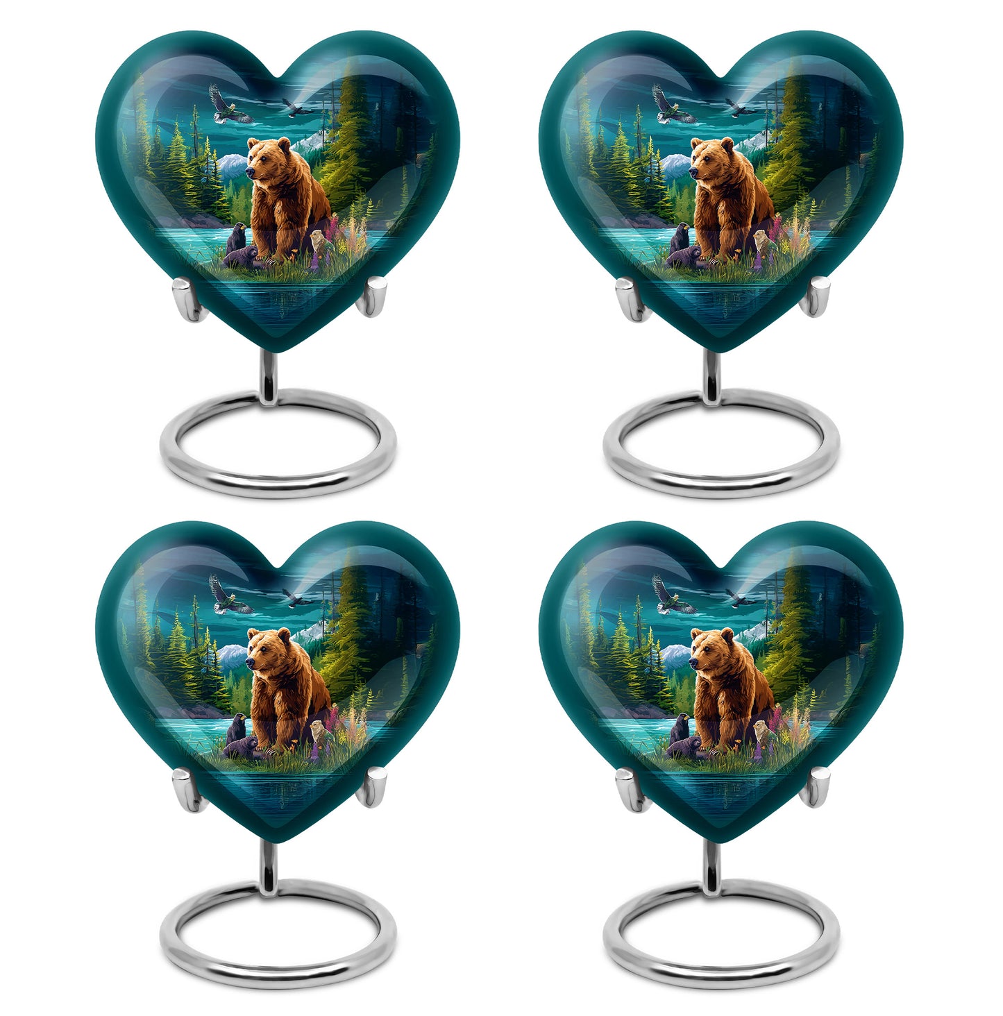Soft Teal Bear Cremation Urn angled view of lid and engraved motif - heart-shaped bear design symbolizing eternal love - 10 inch aluminum urn for cremated remains
