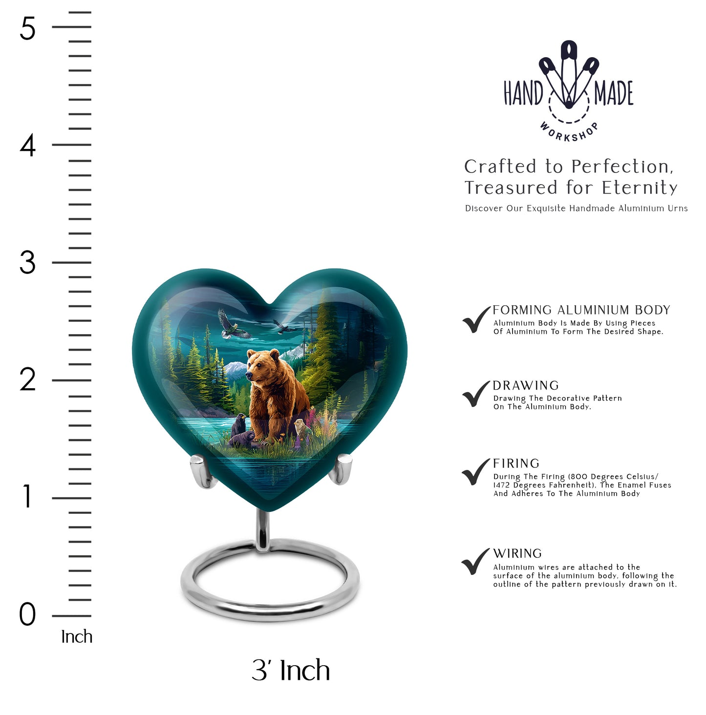 Mystic Teal Bear Cremation Urn front view showing detailed design - romantic heart urn with bear motif on aluminum - mini keepsake memorial for portion of cremation ashes